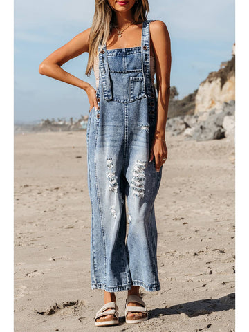 Distressed Pocketed Wide Leg Capri Denim Overall |