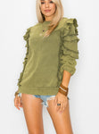 Ruffle Sleeve French Terry Washed Sweatshirt in Olive