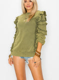 Ruffle Sleeve French Terry Washed Sweatshirt in Olive