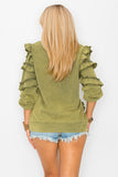 Ruffle Sleeve French Terry Washed Sweatshirt in Olive