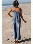 Distressed Pocketed Wide Leg Capri Denim Overall |