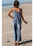 Distressed Pocketed Wide Leg Capri Denim Overall |