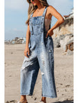 Distressed Pocketed Wide Leg Capri Denim Overall |