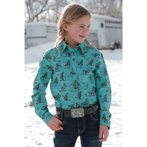 Cruel Girl's Turquoise Barrel Racer Printed  Snap Shirt