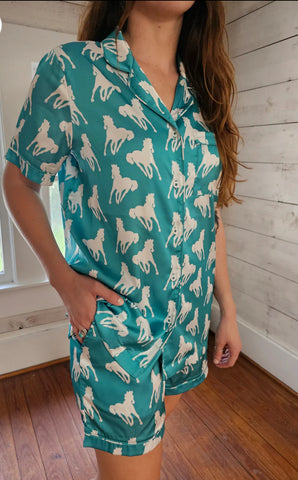 Turquoise Horse Satin Pajama Set