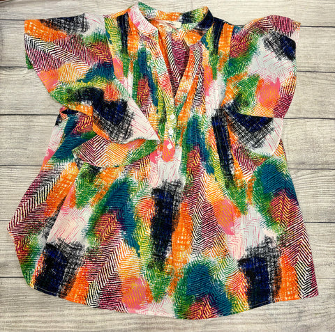 Green & Orange V-Neck Flutter Sleeve Top