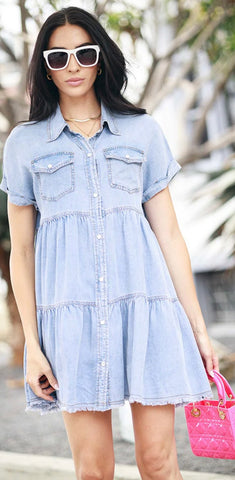 Tiered Button Down Denim Dress