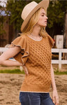 Solid Cable Knit, Round Neck, Ruffle Short Sleeve