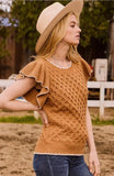 Solid Cable Knit, Round Neck, Ruffle Short Sleeve