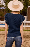 Solid Cable Knit, Round Neck, Ruffle Short Sleeve