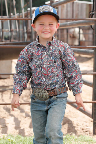 Cinch Boy's Red White & Navy Paisley Print Shirt