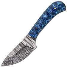 Damascus Skinner Wood Fixed Blade Knife Black/Blue Handles