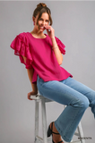 Pink Cotton Gauze Top with Jacquard Contrast Ruffle Sleeve