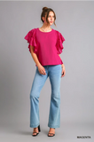 Pink Cotton Gauze Top with Jacquard Contrast Ruffle Sleeve