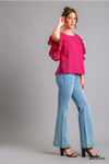 Pink Cotton Gauze Top with Jacquard Contrast Ruffle Sleeve