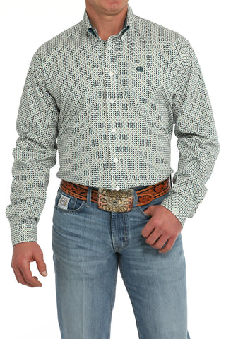 Cinch Men's White & Teal Geo Print Shirt