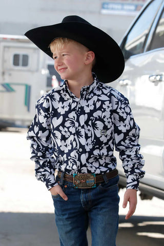 Cinch Boys Navy/White Hawaiian Flower Print Shirt