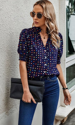 Polka Dot Print Puff Sleeve Button Up Shirt