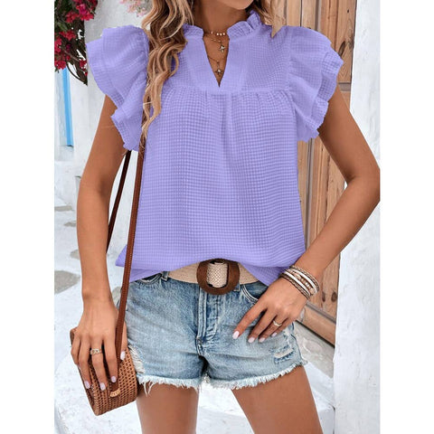 Ruffle Sleeve V Neck Blouse -Lilac