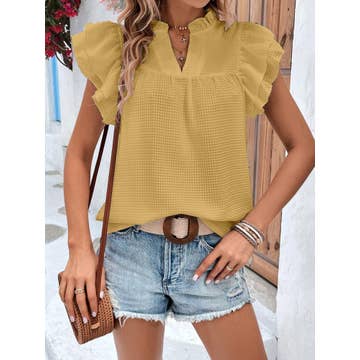 Ruffle Sleeve V Neck Blouse -Mustard