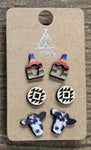 Eartag Steer Head Round Aztec Serape & Cowhide Wooden Earrings