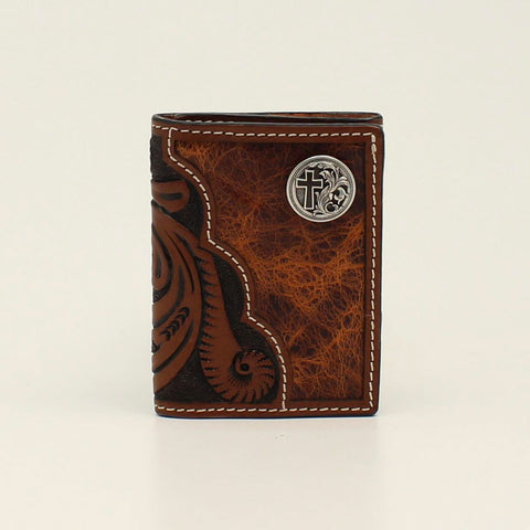 Floral Tooled Round Cross Concho Trifold Wallet