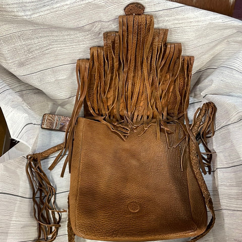 Genuine Leather Floral Tooled Fringe Crossbody Bag