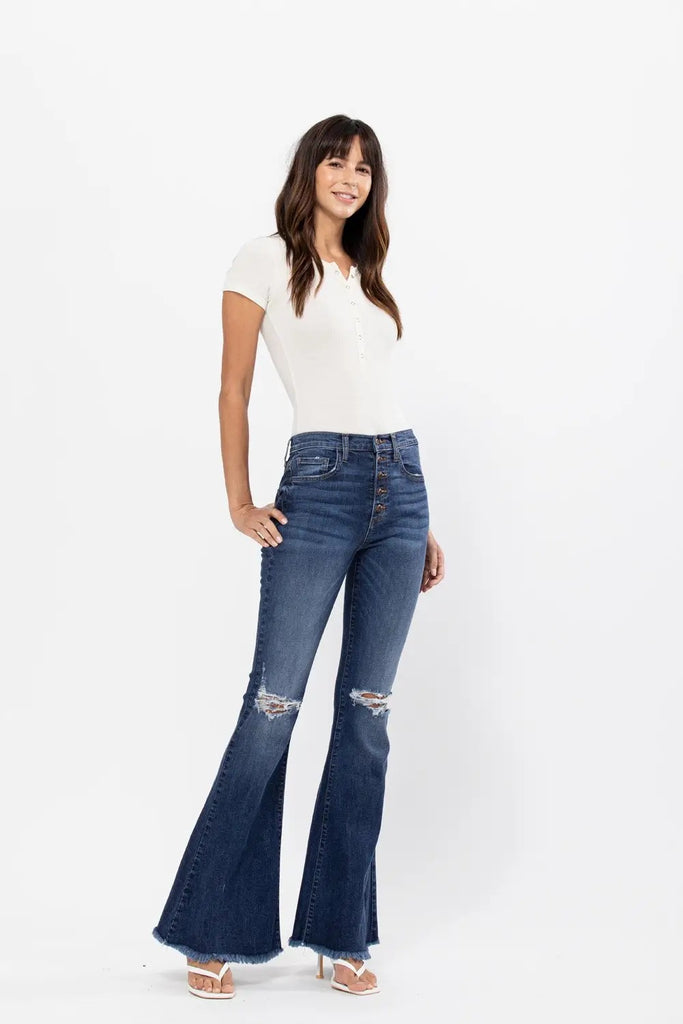 Washed Bell Bottom Front Seam Flare Pants in Black - The Rustic
